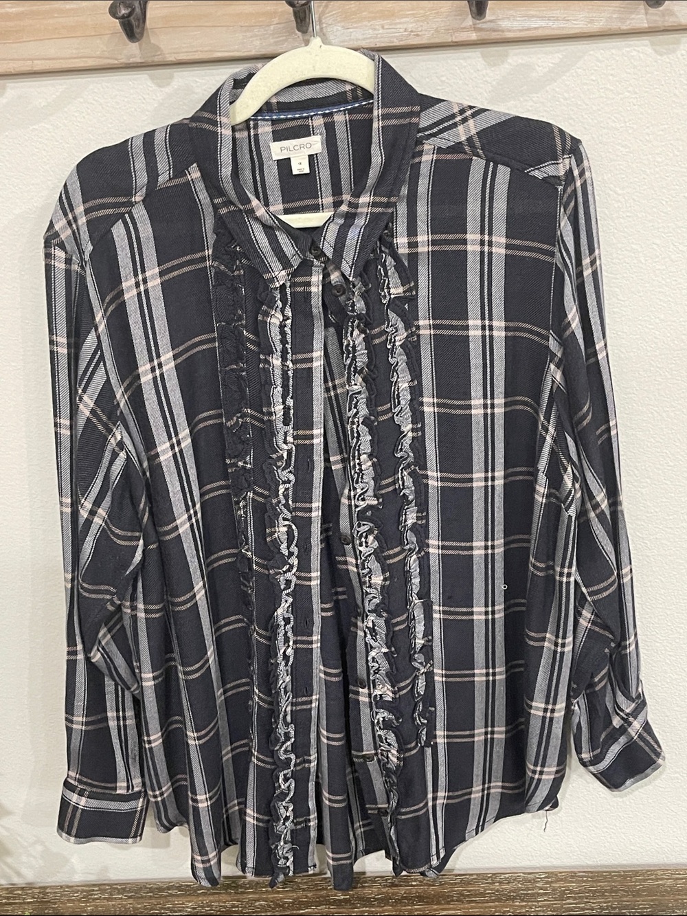 Pilcro Black Plaid Ruffle-Front Button Down Shirt 1X